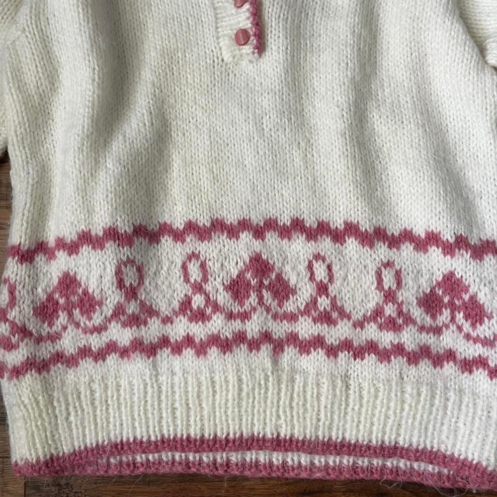 Vintage Handknit Wool‎ Collar Button Pullover Sweater White Pink Medium Coquette - Picture 3 of 6